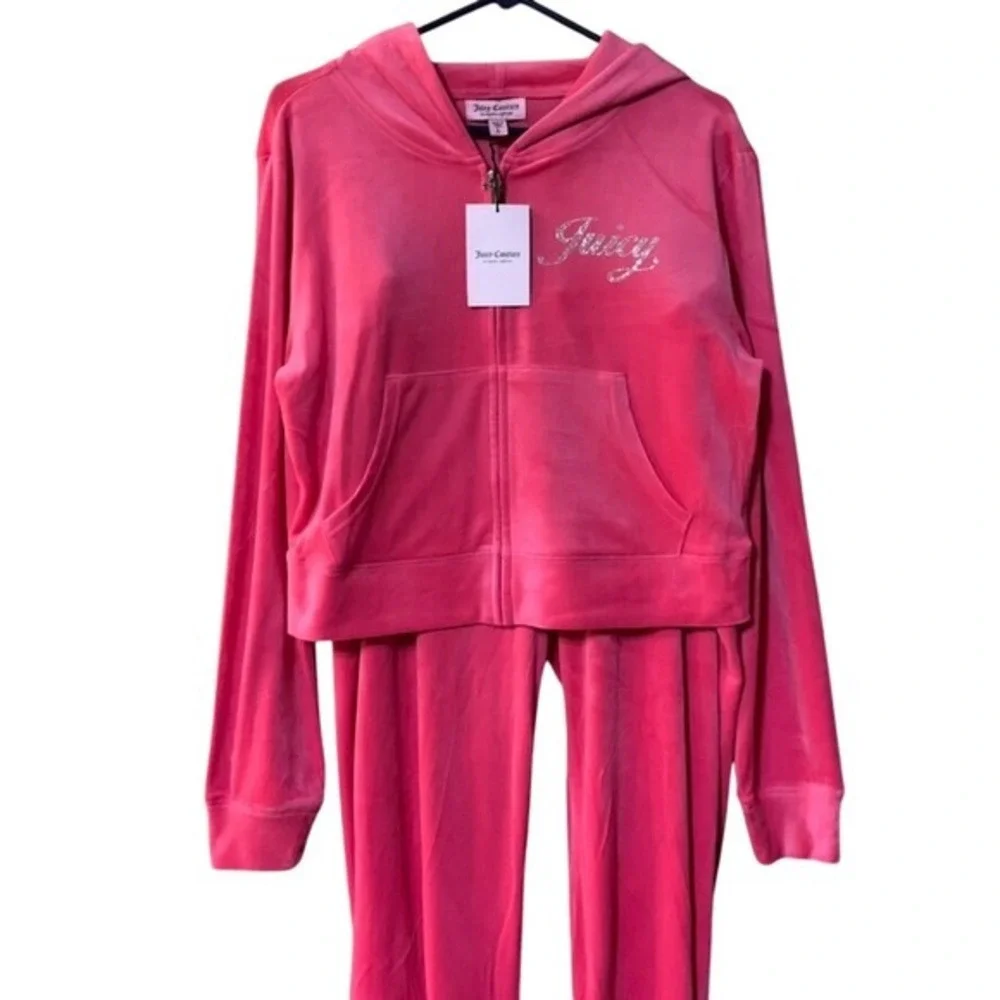 Juicy Couture Pink Velour Tracksuit Hoodie Pants Set Rhinestone‎ Logo Large Y2K